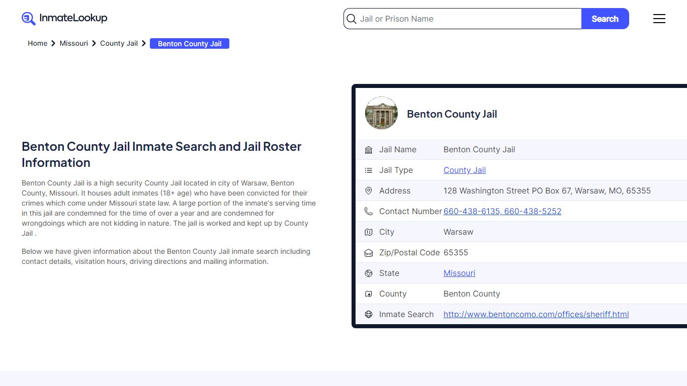 Benton County Jail Inmate Search - Warsaw Missouri - Inmate Lookup